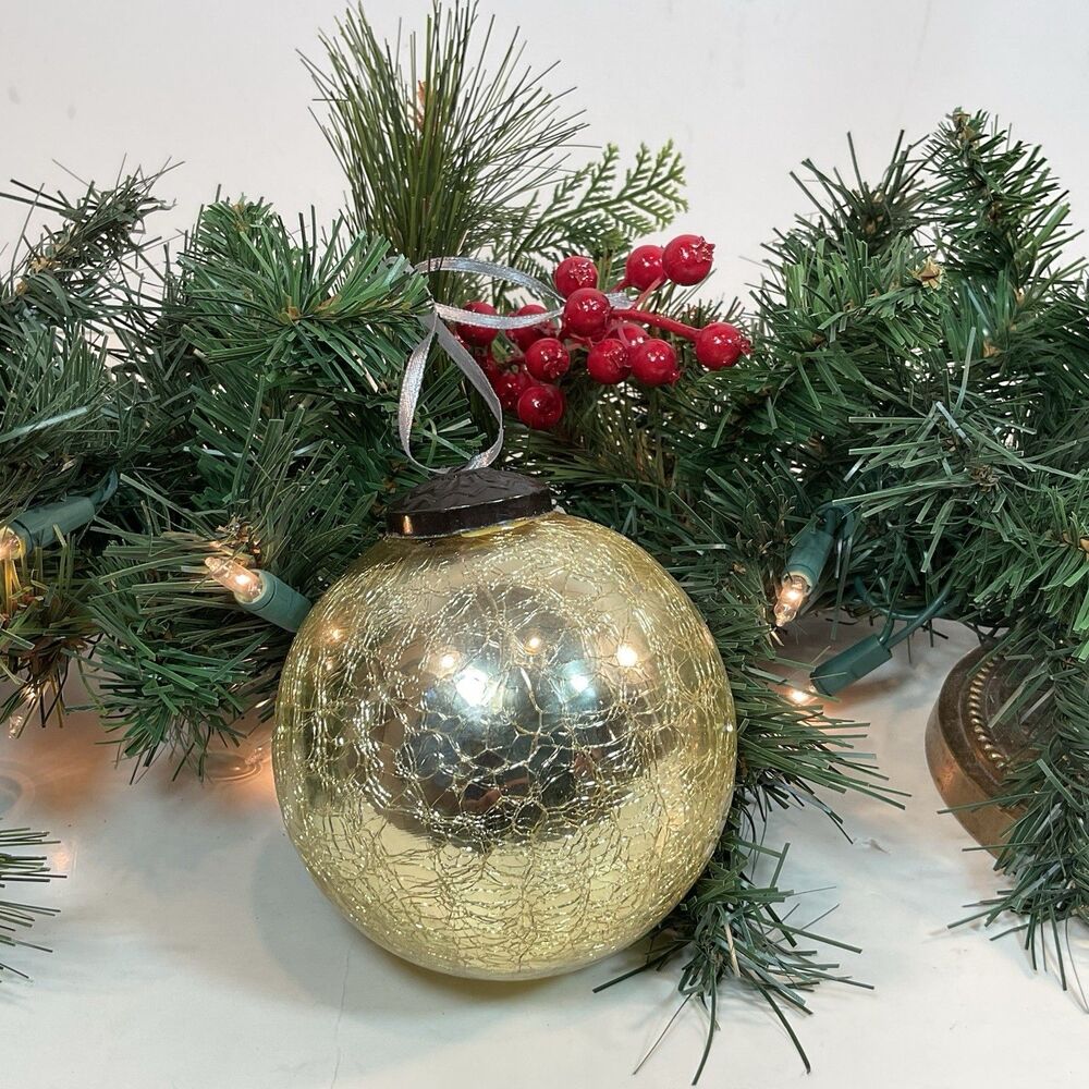 Kugel Style Ornament Gold Crackle Glass Christmas Holiday 3.75” Vintage